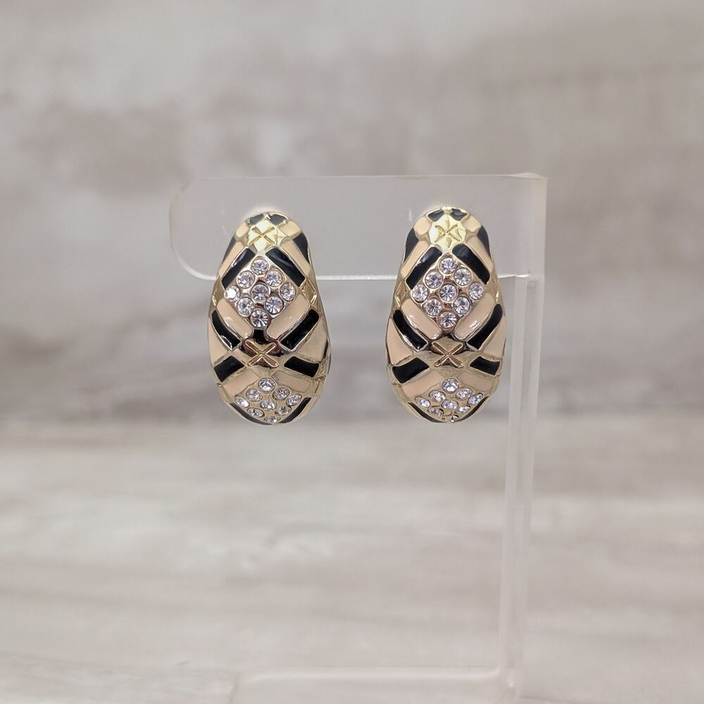 Vintage Clip On Earrings Chunky Gold Tone, Clear Gems, Black & Cream Enamel